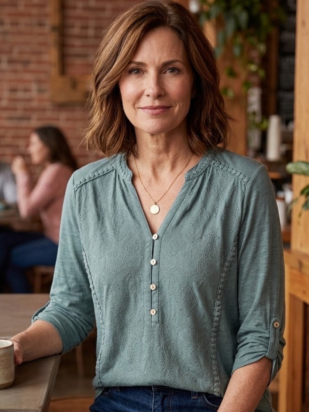 Democracy Sage Green Embroidered Slub Knit Henley 3/4 Sleeve Top
